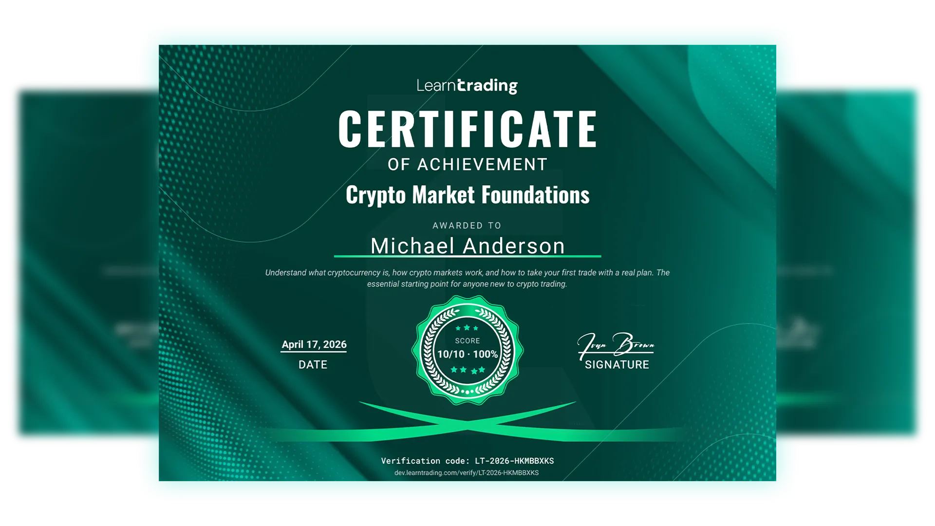 LearnTrading verified course completion certificate